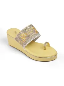 TOUCH HEEL Women's Ethnic Wedge Heels | Embroidered Slip-On Sandals with Pearl & Stone Detailing | Traditional Festive Footwear. (YELLOW, UK Footwear Size System, Adult, Women, Numeric, Medium, 5)