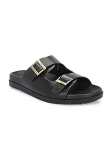 MAMU'S METRO MIRACLE MAGSON Leather Double Buckle Slides, Comfort Slippers for Men Buckle In Black (6045) (Black, UK Footwear Size System, Adult, Men, Numeric, Medium, 9)