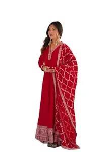 Orriva Womens Heavy Pure Blooming Vichitra Silk Full Sleeves V Neck Flared Kurti Featuring Sequence and Jari Lace Work with Pants and Checkered Design Dupatta 3 Piece Ethnic Wear (RED)
