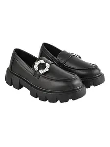 Shoetopia Side Studded Buckle Detailed Black Loafers for Women & Girls /UK8