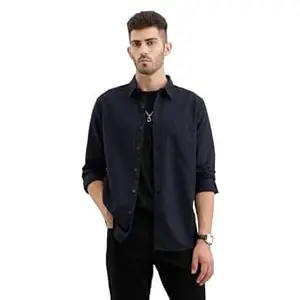 WROGN Men's Cotton Shirt | Textured Navy | Regular Fit | Smart Casual Style