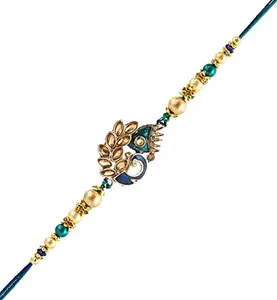 brown leaf Beautiful Elegant Blue Peacock Fancy Kundan Meena Rakhi Raksha Bandhan Gift Band Moli Bracelet Wristbands Rakhi Combo (Pack Of 1) for Brother bhaiya With Tilak Pack