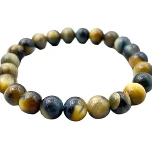 RRJEWELZ Natural Blue Gold Tigers Eye 8mm Round Shape Smooth Cut Beads 7 Inch Stretchable Bracelet For Men & Women. Unisex Bracelet For Healing, Meditation, Prosperity, Gift & Luck|STBR_RR_10736_7.0