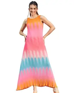 PoshBery Peach and Blue Printed Color-Blocking Midi Dress with Sweetheart Neck and Drawstring