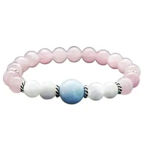 Lady Works Natural Aquamarine, Moonstone & Rose Quartz 8mm Round Shape Smooth Cut Beads 7 Inch Stretchable Bracelet for Men & Women.|LW_BRST_10050_7.0
