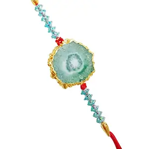 Generic Natural Agate Stone Red Thread Rakhi with beads on the sides, Gold Electroplated Agate Pendant (Set of 1 Rakhi)