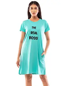 Lappen Fashion Women's Printed Tee Dress | A-Line Long T-Shirt for Girls | Nightwear | Half Sleeve Knee Length Top with Pockets | Slim Fit Tshirts – The Real Boss Wordings Theme (Small, Light Blue)