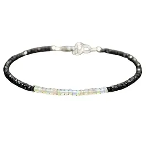 RRJEWELZ Black Spinel & Ethiopian Opal bracelet for men & women - 3mm Rondelle Faceted beads - 7 Inch Adjustable with Silver plated clasp – Healing, Fashion, Gift, Spiritual, Yoga|LCBR_RR_07096
