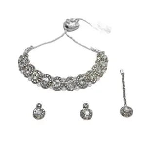 White Color Stone Choker Necklace for Women with Pearl Embellishment – Ethnic Bridal Jewelry for Weddings, Parties & Festivals – Traditional Necklace Set for Sarees, Lehengas & Gowns