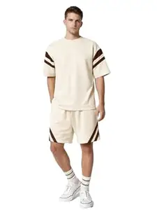 CHKOKKO Men’s Co-Ord Set Premium Cotton Blend Solid Oversized T-Shirt & Shorts Cord Set with Side Pockets Half Sleeves with Contrasting Stripes Round Neck Summer or Casual Wear
