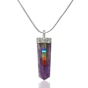 Reiki Crystal Products Amethyst Pendant Flat Stick Crystal Stone Pendant with Metal Chain for Reiki Healing and Crystal Healing Stone Pendant Size 45-50 mm (Color : Purple)