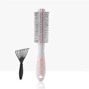 BlackLaoban Round Hair Brush With Brush Cleaner Tool for Blow Drying, Styling, Curling, Straighten with Soft Nylon Bristles for Short or Medium Curly Hairs for Women & Men Dotted (Light-Pink)