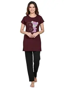 NXTWIN Women’s Printed Cotton Nightwear Set | Short Sleeve Long Top with Pajama | Comfortable Cotton Lounge Wear for Women