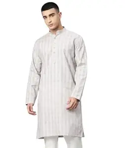 Majestic Man Men's Pure Cotton Textured Check Mandarin Collar Long Kurta