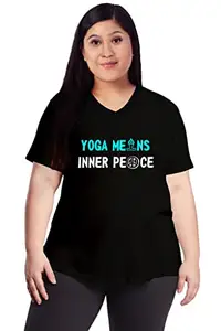 OPLU Women's Plus Size Yoga Means Inner Peace Cotton Graphic Printed V Neck Half Sleeve Yoga Tshirt Pootlu.(Pooplu_Black_XX-Large)