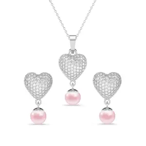 Clara 925 Sterling Silver Nazy Pink Pearl Heart Pendant Earrings Chain Necklace Jewellery Set | Platinum Plated, Swiss Zirconia |Gift for Women and Girls