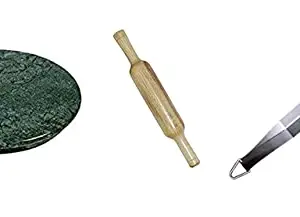 SAMEER SALES Marble Rolling Board/Marble Chakla and Wooden Belan/Steel Chimta/Marble Roti Maker - 9 Inch (Green)