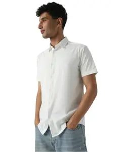 Rajwari Fashion Men's Solid Rayon Shirt | Stylish Regular Fit, Slim Look | Half Sleeves | Buttoned Single Pocket | Back Printed Design | Ideal for Daily & Formal Wear|Size-M|Colour-White|D-2