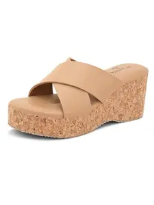 EL PASO Beige Synthetic Leather Wedge Heel Sandals Casual Daily Party Platform Slippers for Women and Girls - 6 UK