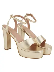 Shoetopia Women’s Golden Block Heel Sandals – Platform Party Heels with Ankle Strap | Stylish Dress Sandals for Weddings & Evening EU35