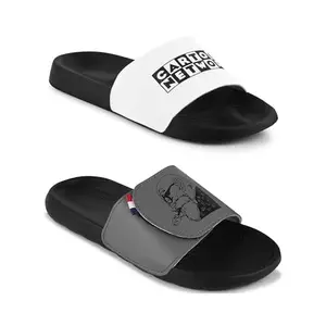 PERY-PAO Combo Sliders Pack of 2 Mens White, Black, Grey Flip Flop & Slippers