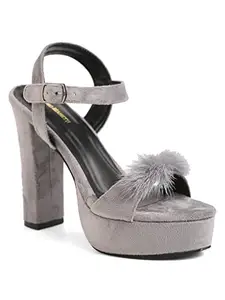 Bruno Manetti Women's Grey Slipon Back Strap with Upper Extra Fur Heels Sandal