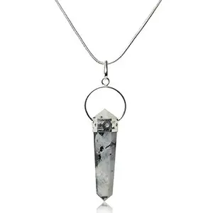 Reiki Crystal Products Double Terminated Rainbow Moonstone Pendant Natural Crystal Stone Pendant with Chain for Reiki Healing and Crystal Healing Stone Pendant Size 45-50 mm (Color : off White)