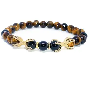 RRJEWELZ Natural Tigers Eye & Black Onyx 8mm Round Shape Smooth Cut Beads 8 Inch Stretchable Bracelet For Men & Women. Unisex Bracelet For Healing, Meditation, Prosperity, Gift & Luck|STBR_RR_08839_8.0
