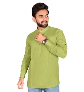 Men's Cotton Solid Full Sleeve Short Kurti (Green, 2XL)-PID44435