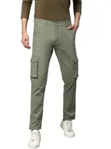 Dennis Lingo Solid Cotton Men's Casual Cargo Pant, Tapered Fit, Mid Rise, Ankle Length Multi-Pocket Stretchable Cargos for Men, Trousers