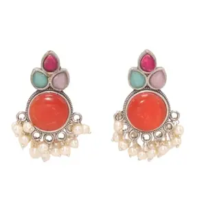 Navraee Traditional Oxidised Silver Plating Brass Oxidized Kalash Pattern With Multicolour Stones & Pearls Studs-Orange