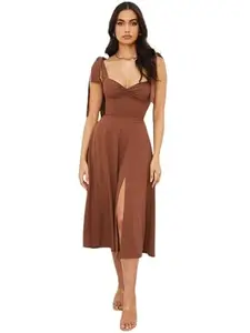 My Urban Attire Women Stylish Midi Dress Sleevesless Satin Fabric Fashionable Wester Wear Midi Brown (L)