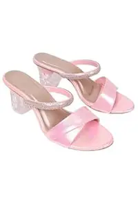DayV Women's Heeled Mules, Pink Iridescent, Rhinestone Strap Detail, Block Heel Sandals