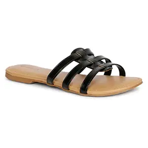 MOZAFIA Nobby PU Single Strap Flat Slippers Stylish and Fashionable | Stylish Latest & Trending Slipper Casual Wear for Women (Black)