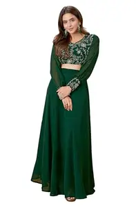 Janasya Women Dark Green Embroidered Printed Georgette Top & Skirt Latest Style