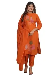 BharatCartX Women's Cotton Embroidery Straight Kurti with Pant Set
