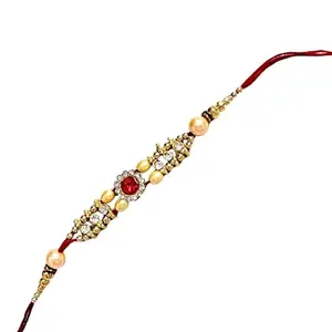 Designer Stone Rakhi with Golden Pearls and Red Crystal, Traditional Thread Bracelet