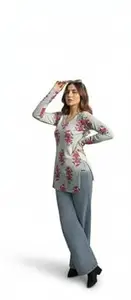 KAMSA CREATION Women’s Floral Print Kurti Long Sleeve Tunic Top | Stylish Ethnic Kurta for Casual Office Wear College Summer Comfortable Fabric |