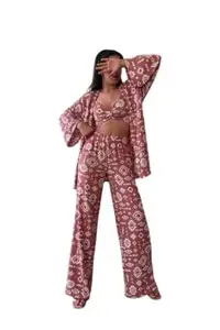 Kiya Enterprise Stylist Women 3/4 Sleeve Shirt Collar Top Type Shirt, Multisize Co Ords Set (Peach,Large)