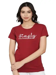 TREND LEVEL Women Cotton Regular Fit Round Neck T-Shirt (Simply) (XXL, Maroon)