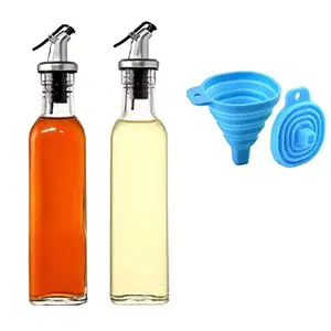 KREZON Crystal Clear Square Shaped Glass Oil Dispenser Bottle with Stainless Steel Pourer Spout Lid Bottle for Olive Oil, Vinegar, Wine and Sauce(Pack of 4) 500ML