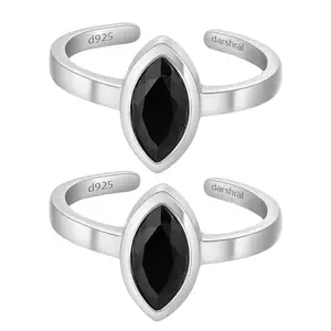 DARSHRAJ 925 Sterling Silver Toe Rings for Women & Girls | Adjustable Open Band Toe Ring Pair with Black Stone | Stylish Minimalist Silver Toe Jewelry for Everyday | Chandi ki chutki | Bichiye