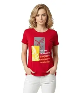 BILBURY Women's Graphic T-Shirt, Short Sleeve, Botanical Print with Text, Round Neck, Casual Wear