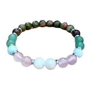 RRJEWELZ Natural Aquamarine, Smoky Quartz, Moonstone & Rose Quartz 8mm Round Shape Smooth Cut Beads 8 Inch Stretchable Bracelet For Men & Women. Unisex Bracelet For Healing & Meditation|STBR_RR_10054_8.0