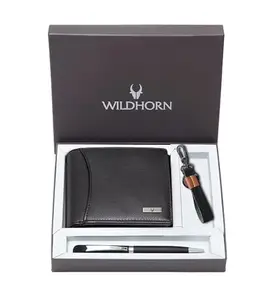 WildHorn Gift Hamper for Men I Leather Wallet, Keychain & Pen Combo Gift Set I Gift for Friend, Boyfriend,Husband,Father, Son etc (Black M)