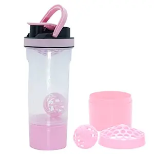 SOLARA Protein Shaker Bottle (Clear) - 650 ML Gym Shaker Bottle & Shakers with Storage for Protein Powder with Shaker Balls & Mixing Grids | Mobile app 50+ Home Fitness Videos | Pink