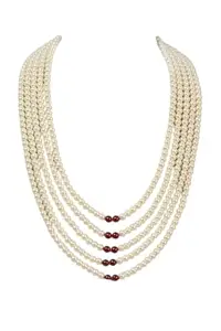 Fashion o mania multi-Strand Pearl Necklace with Red Beads, 5-Layer Elegant Design, White and Maroon