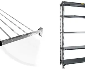 CONCEPT & SOLUTIONS 5 Pipes x 5 Feet -Foldable Wall Mounted Cloth Dryer/Clothes Stand (4 Pipes, 5 feet) and CRC Sheet 5 Shelf Multipurpose Slotted Angle Rack, 60 x 36 x 18 Inch, 24 Gauge (Grey) Combo Pack|CS-365