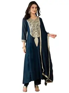 Naixa Women's Vichitra Silk with Lining Embroidered Flared Kurta with Pant and Dupatta Sets (NX-867)