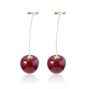 Cherry Drop Earrings, Gold-Tone Fruit Design, Red Glossy Finish
